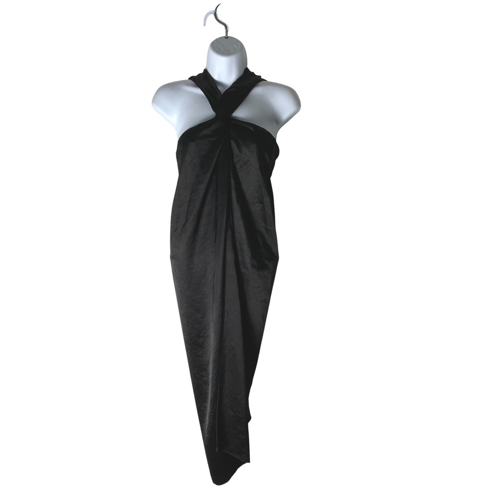Nanushka Halter Midi Dress Twisted Front Cocktail Black Satin‎ Medium *READ*